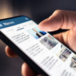 News feed in phone. Watching and reading latest online articles and headlines from smartphone newspaper mobile app. Daily digital information portal and seeing service by publication.