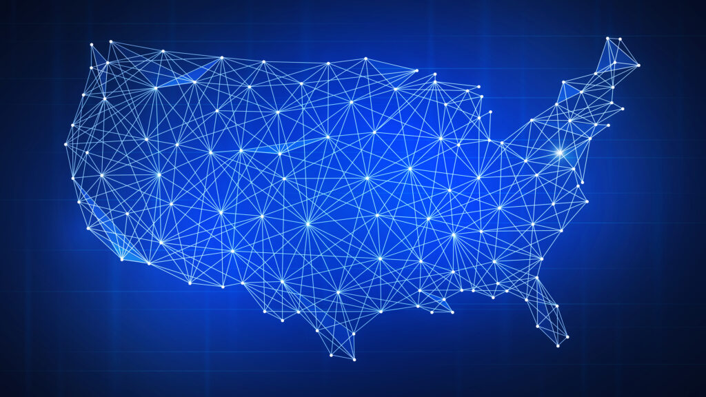 Polygon,Usa,Map,With,Blockchain,Technology,Peer,To,Peer,Network
