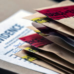 A photo showing a stack of files and case evidence on a desk.